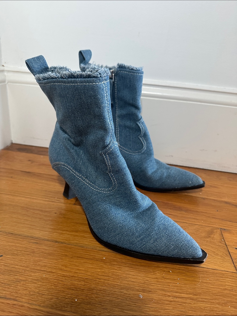Dolce Vita Denim Pointed-Toe Ankle Booties - Light Blue